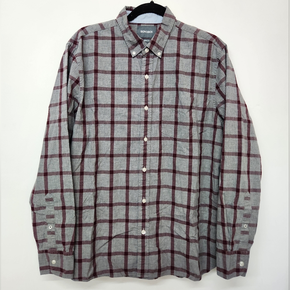 Bonobos Check Button Down Shirt Mens Large Gray Burgundy Holiday Christmas Work